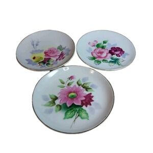 Occupied Japan Handpainted 4" Floral Decorative Set/3 Plates, Trinket Dish Hangs